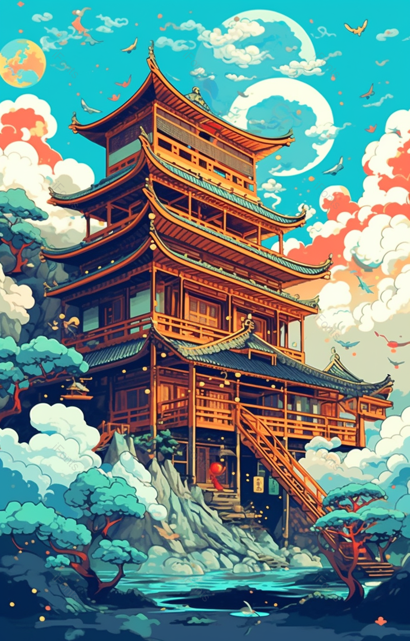 高大古典的古建筑国潮中国风建筑插画背景,插画/手绘图,插画/手绘图库,插画/手绘图下载,插画/手绘